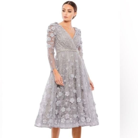 Mac Duggal Floral Sterling Silver Lace A-Line Tea Length Cocktail Dress Size 14 - Picture 2 of 8